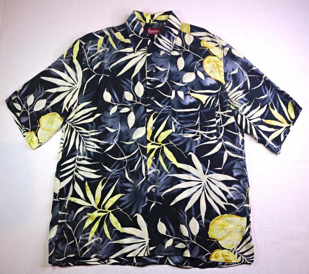 Barcelino Men Size L Black Yellow Tropical Leaf Cupro Button Down Shirt Italy